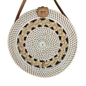 Round Woven Straw Crossbody Bag Boho Basket Purse Leather Strap